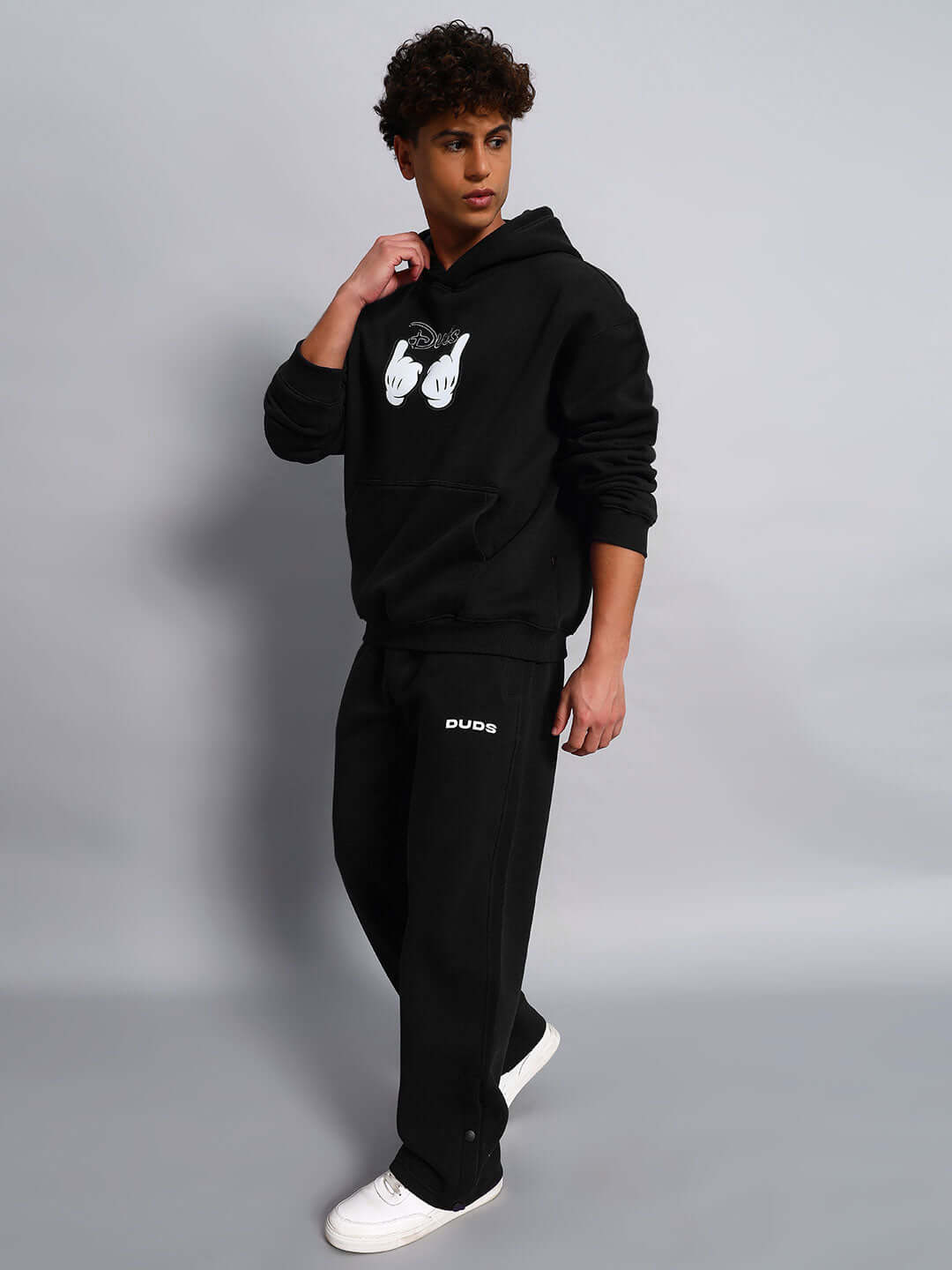 Model wearing WEARDUDS SUPREME FLEECE CO-ORD BLACK, featuring custom fit options and premium tailoring.