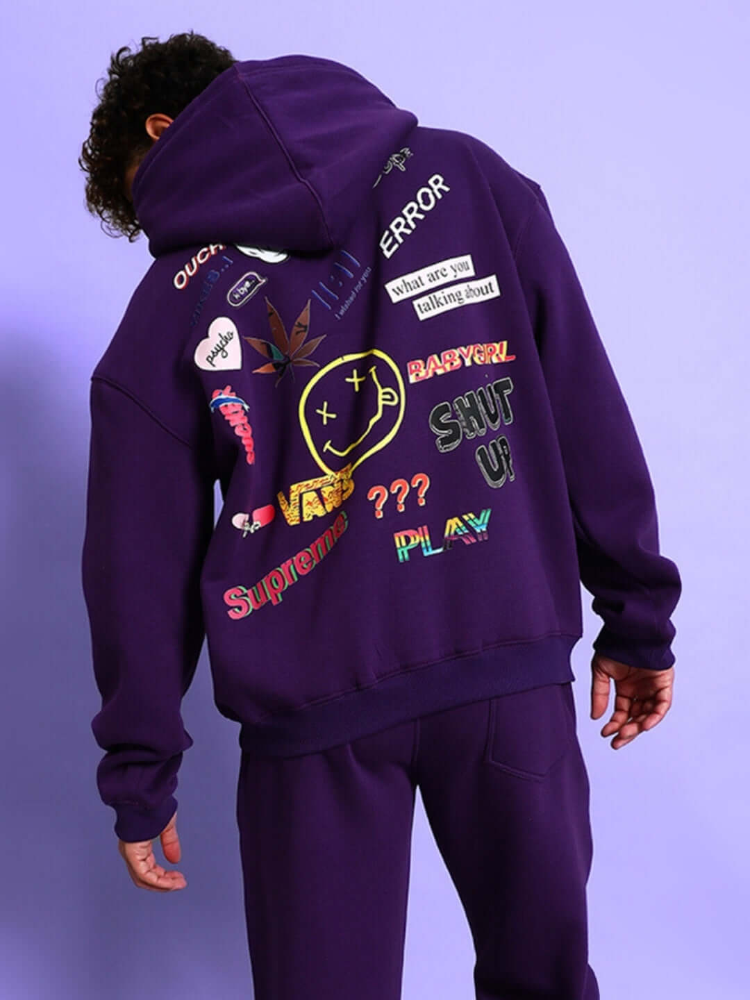 SUPREME COTTON FLEECE HOODIE PURPLE with graphic design on back, showing a vibrant style and bold color in streetwear fashion.