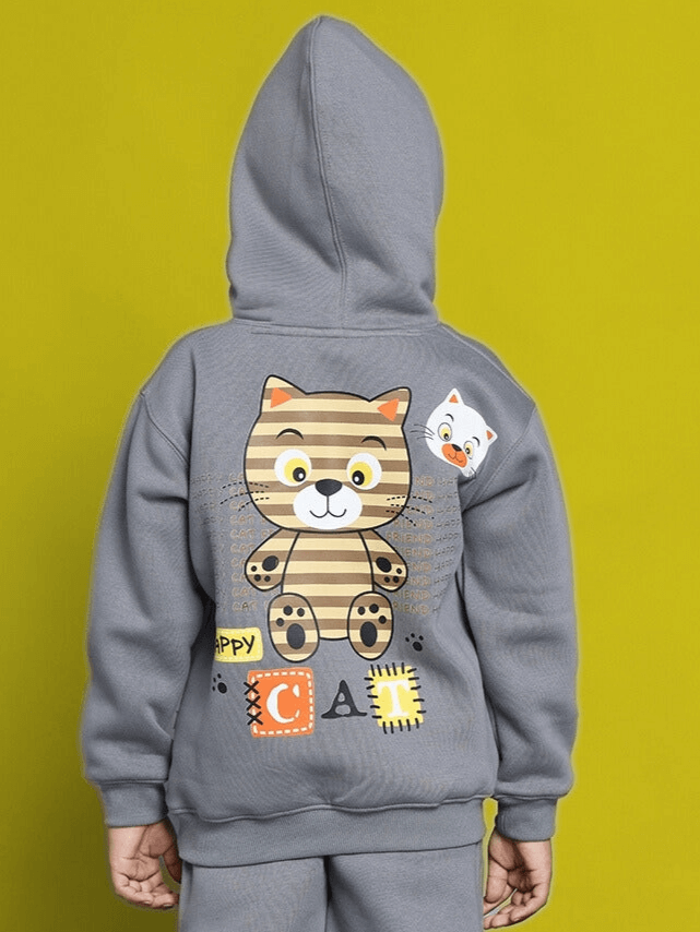 Child wearing TABBY OVERSIZED FLEECE HOODIE FOR BOYS GIRLS GREY with cute cat design on back.