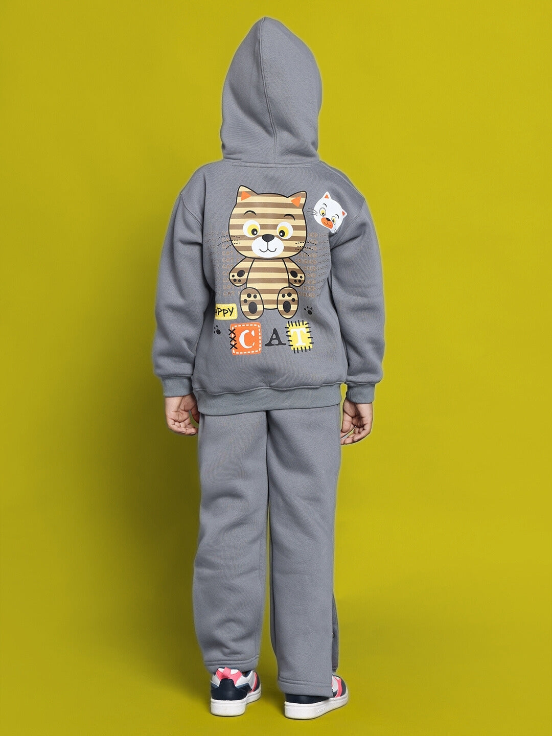 Child wearing Tabby Fleece Co-Ord for Boys Girls Grey featuring sweatshirt and joggers back view against a bright background.