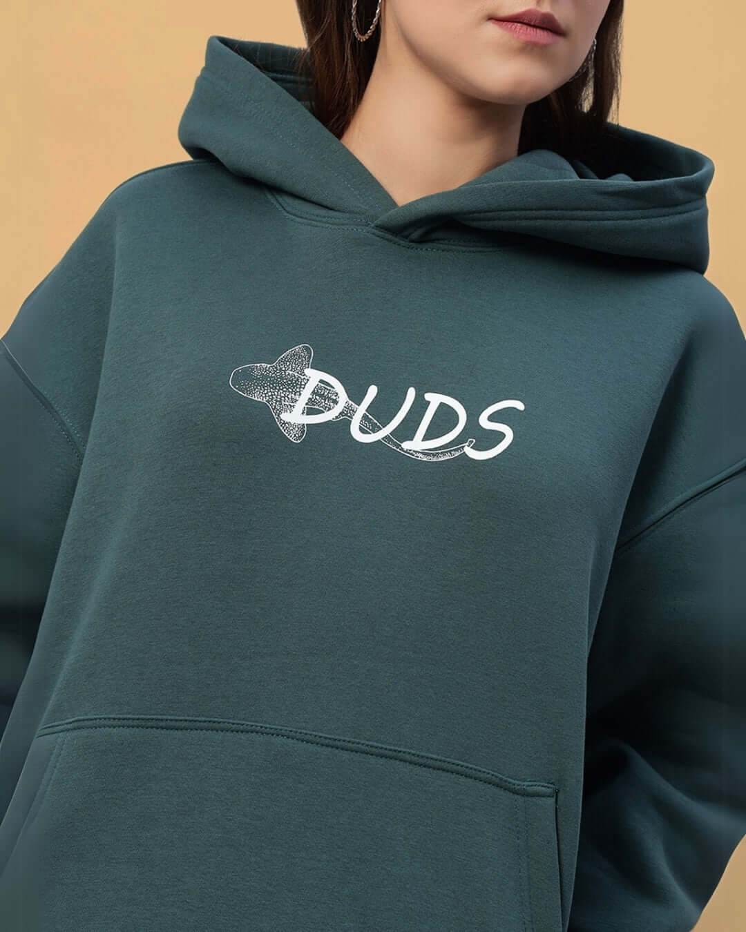 WOMENS LEOPARD SHARK FLEECE HOODIE TEAL GREEN with logo detail, showcasing modern style and comfort.