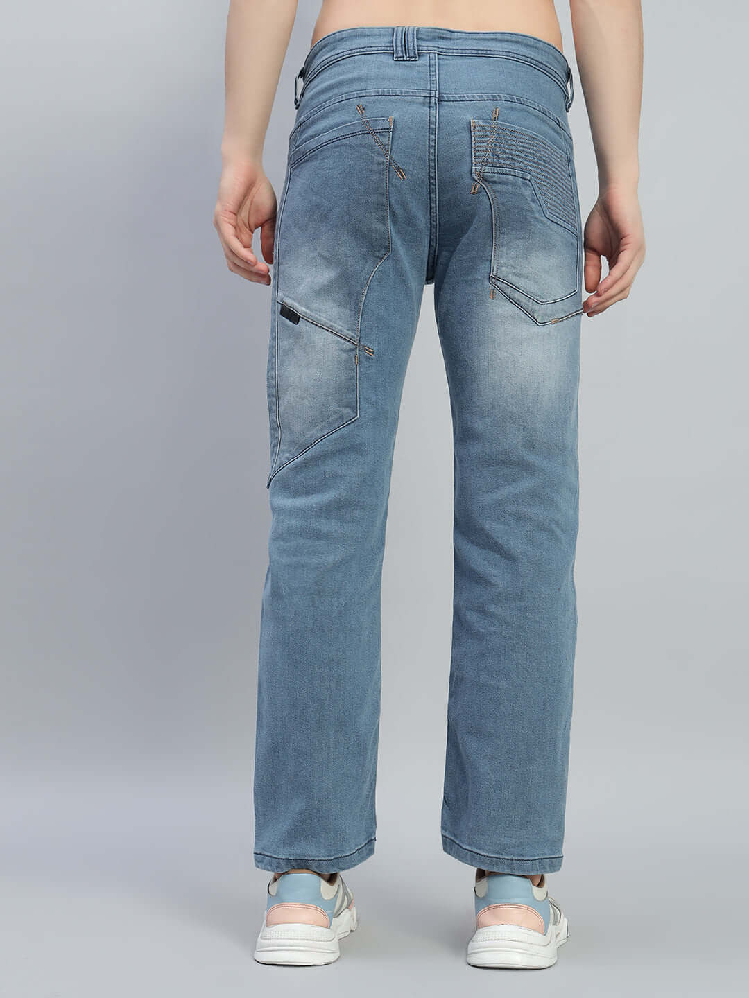 Back view of Thrifty Regular Fit Denim Jeans in blue, showcasing tailored craftsmanship and comfortable fit suitable for custom sizing.