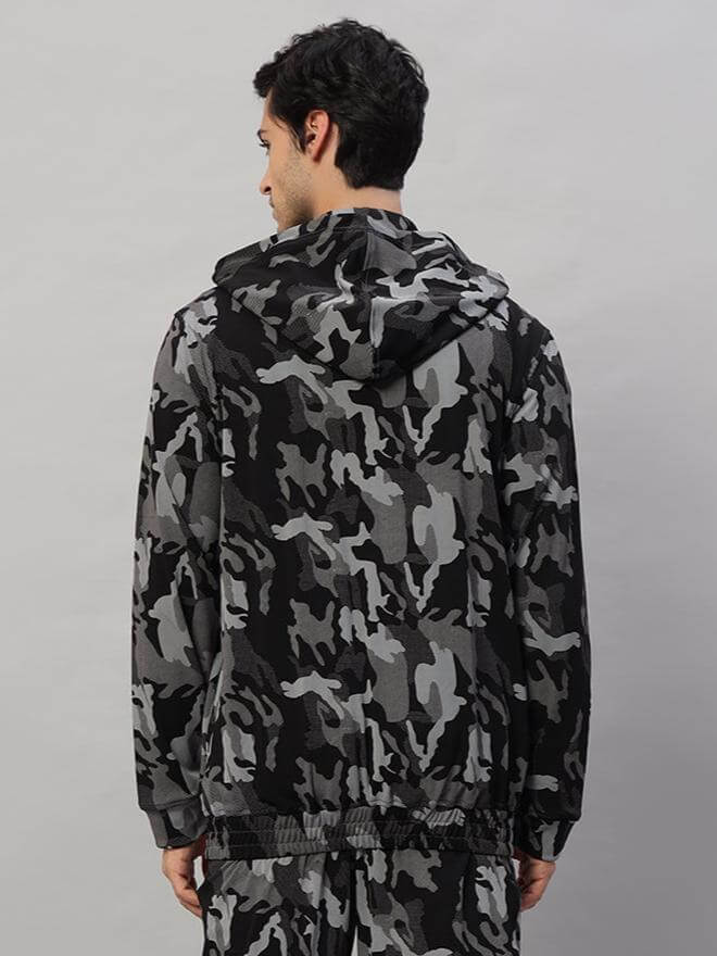 Back view of a navy camo trench jacket with hood, showcasing custom tailoring and pattern by DUDS.