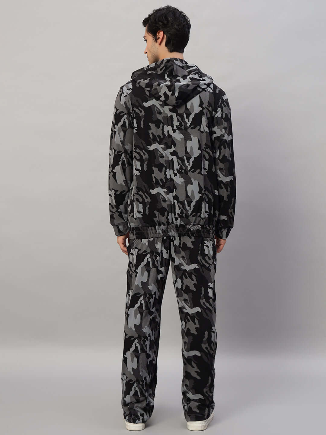 Back view of TRENCH CO-ORD SET CAMOUFLAGE NAVY featuring polyester and spandex material with four-way Lycra, ideal for cold machine wash.