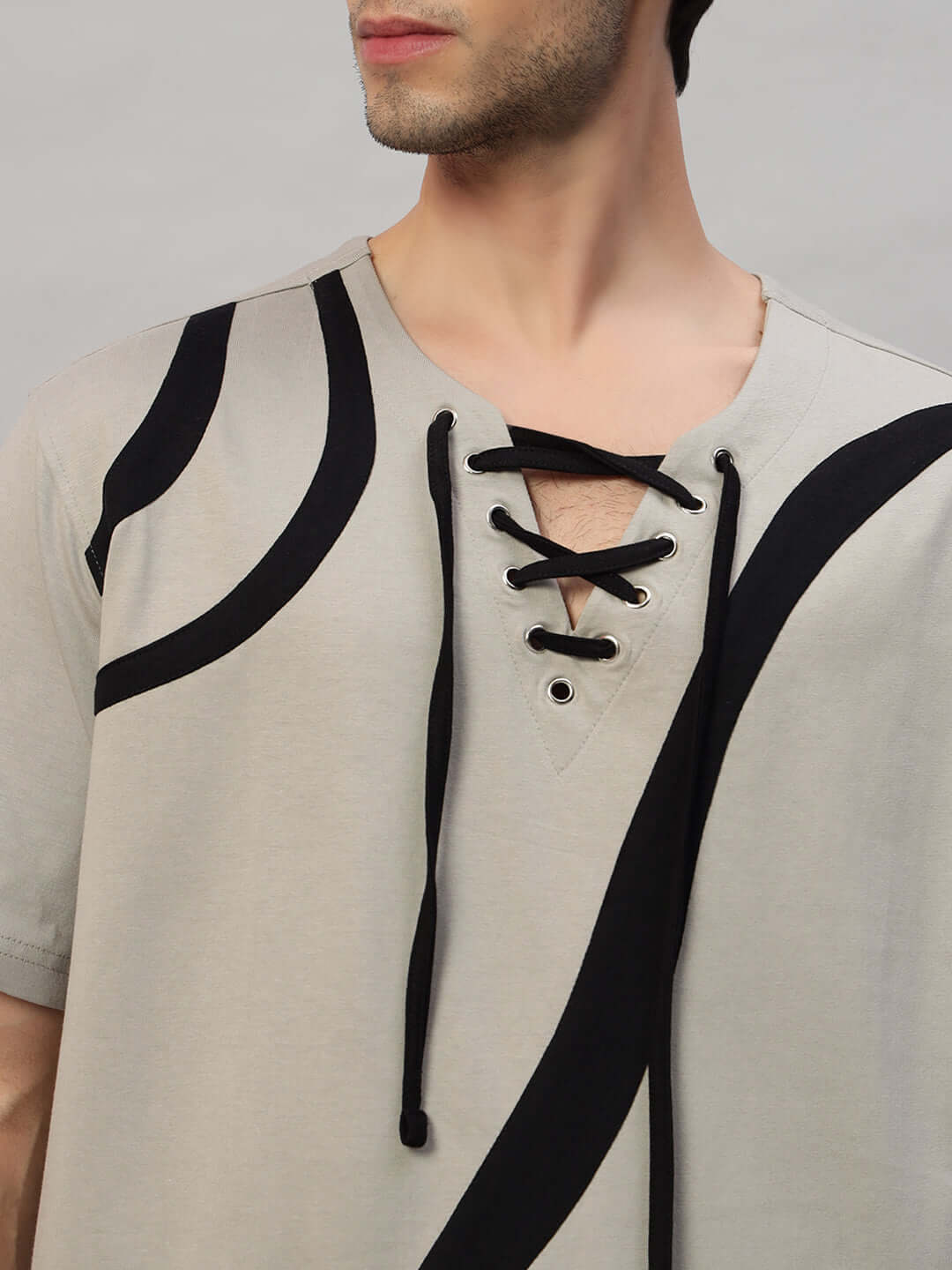 SURFING OVERSIZED CO-ORD SET GREY top with lace-up neckline and black abstract design, unisex relaxed fit.