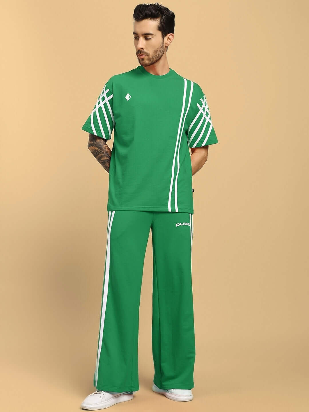 Green UNITED STRIPE CO-ORD SET featuring premium cotton fabric with a stylish design, suitable for casual wear, made in India.