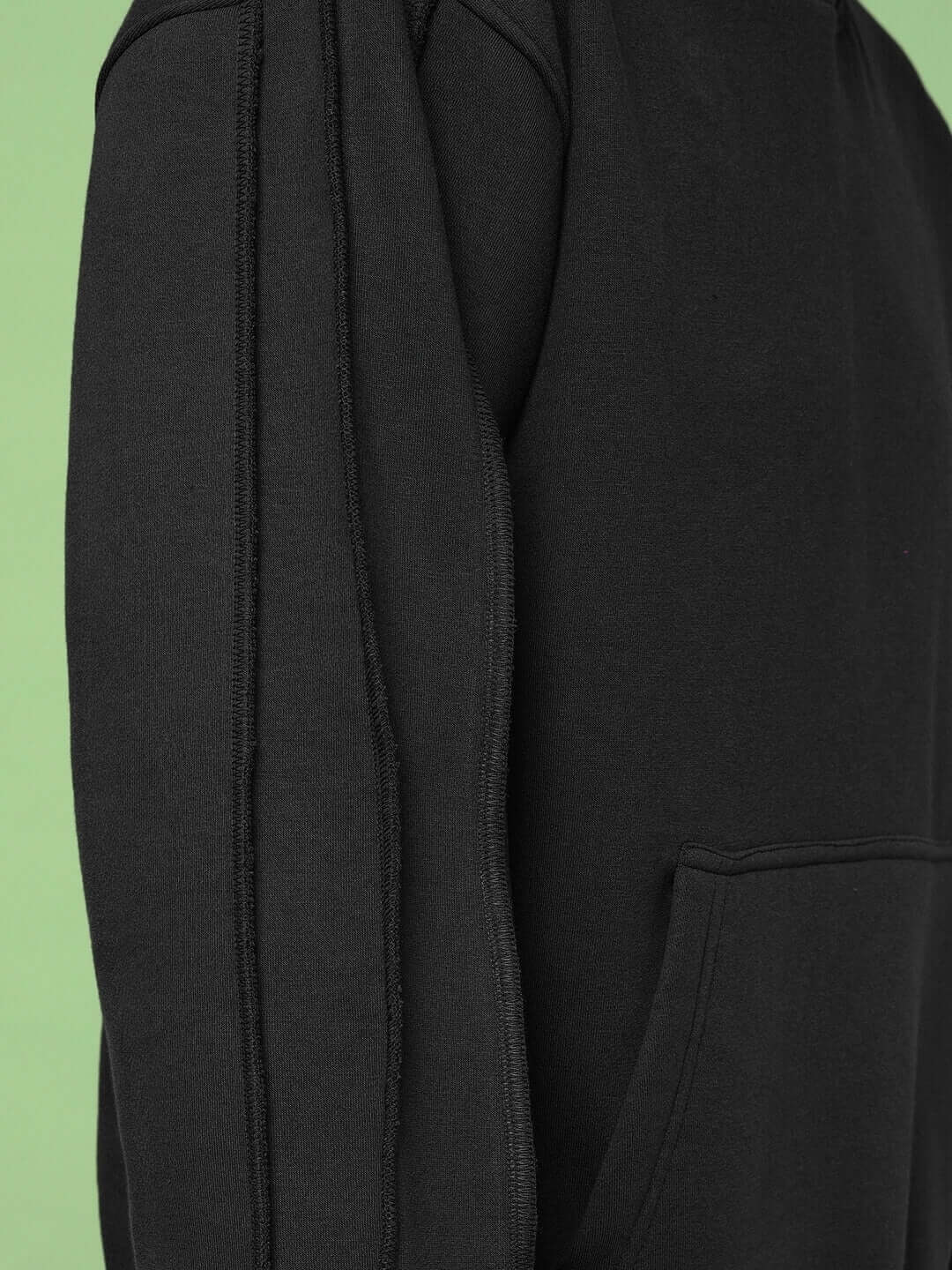 URBAN SOLID PLATED FLEECE HOODIE BLACK showcasing side detail and pocket