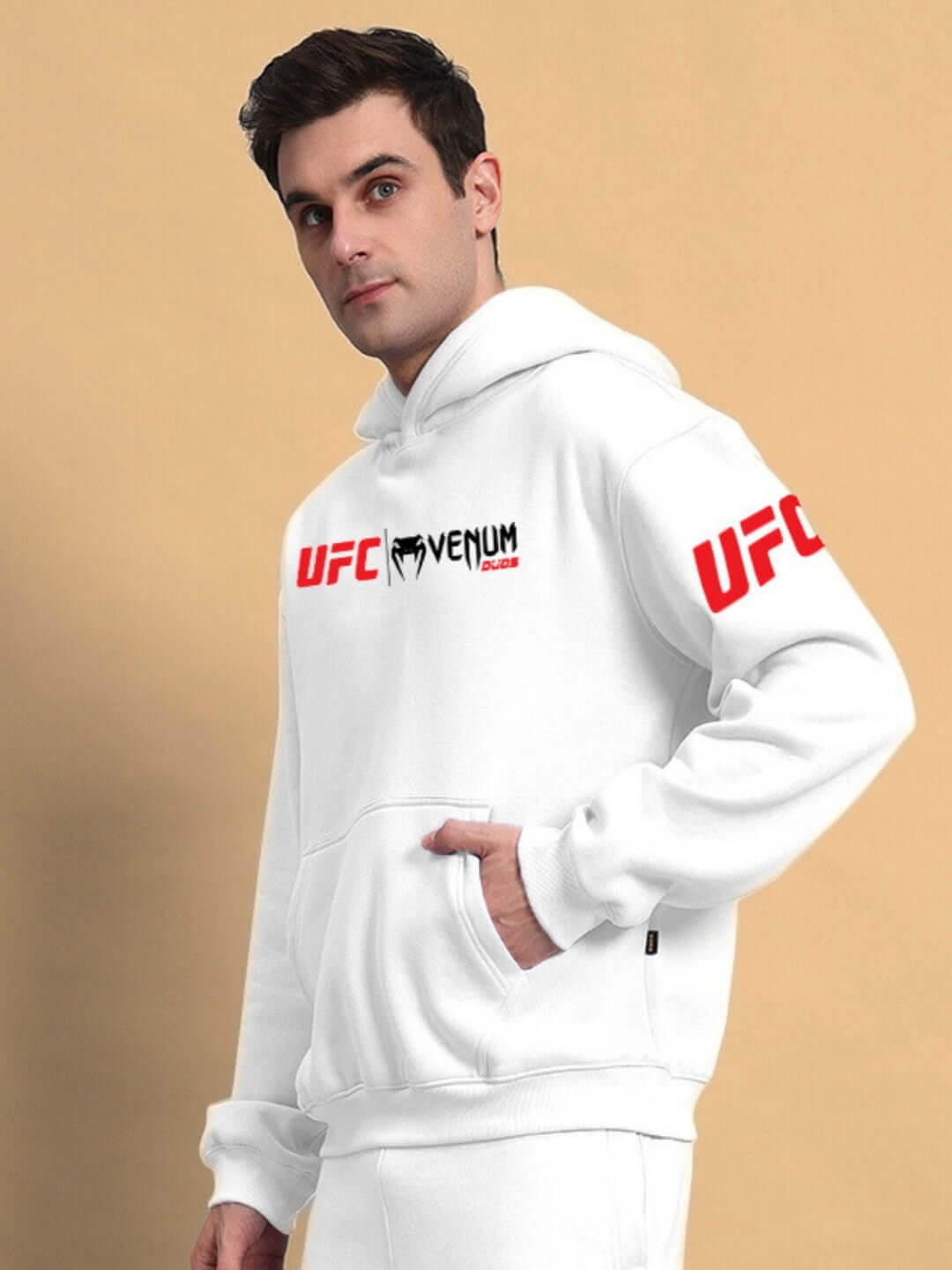 Alt Tag: WEARDUDS VENUM FLEECE HOODIE WHITE shown on model, casual and stylish design with UFC logo, perfect for customized fit.
