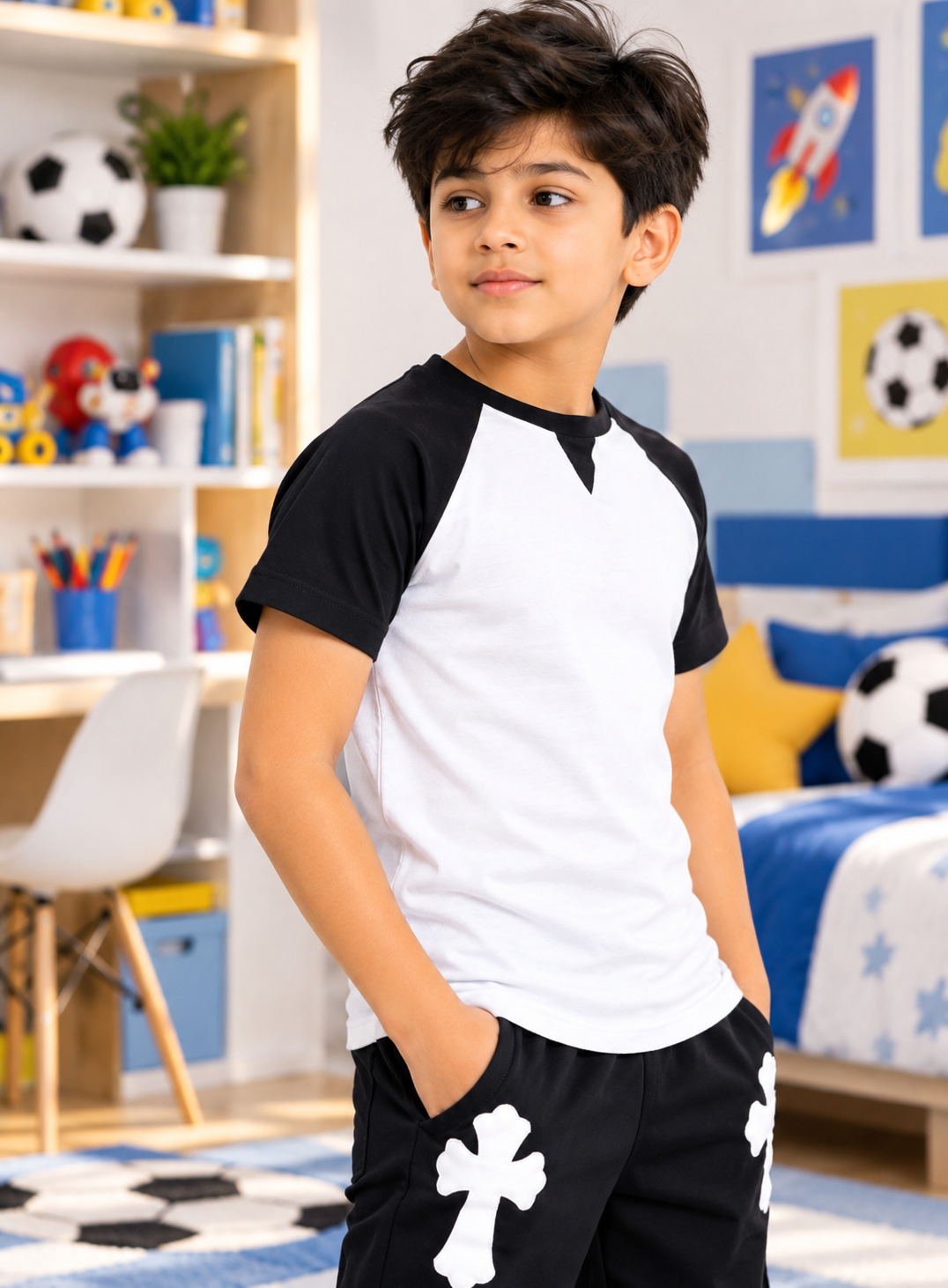 VERPA REGULAR FIT T-SHIRT FOR BOYS GIRLS GREY MELANGE worn by boy in black and white raglan sleeve design in playroom setting