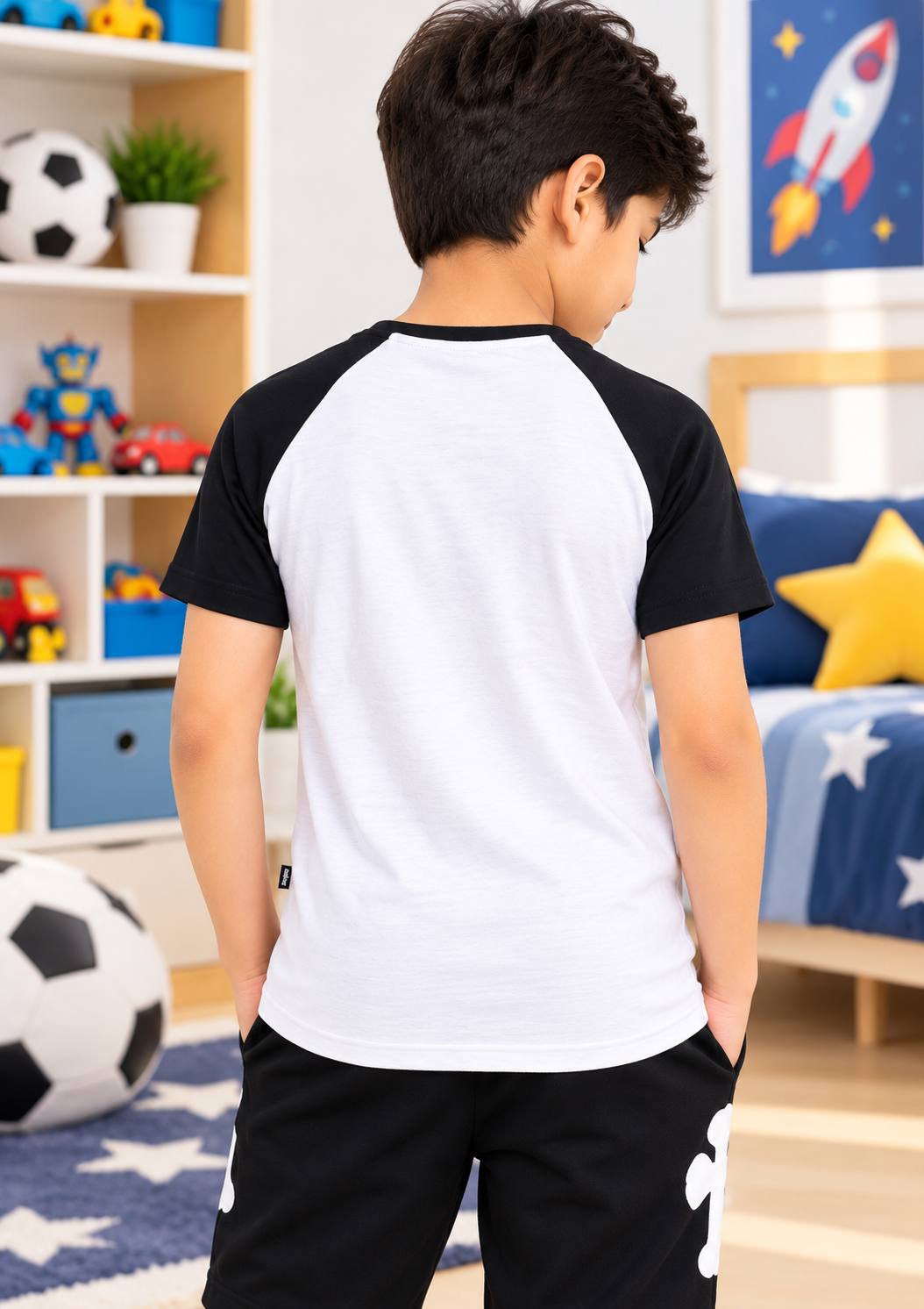 VERPA REGULAR FIT T-SHIRT FOR BOYS GIRLS GREY MELANGE back view worn by boy in bedroom