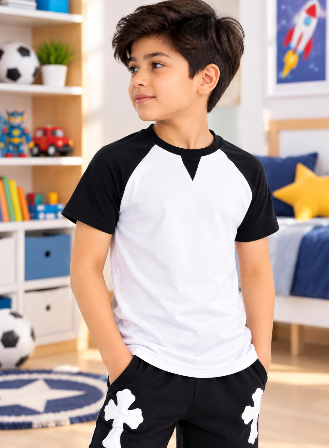 VERPA REGULAR FIT T-SHIRT FOR BOYS GIRLS GREY MELANGE worn by a boy in black and white raglan sleeve style