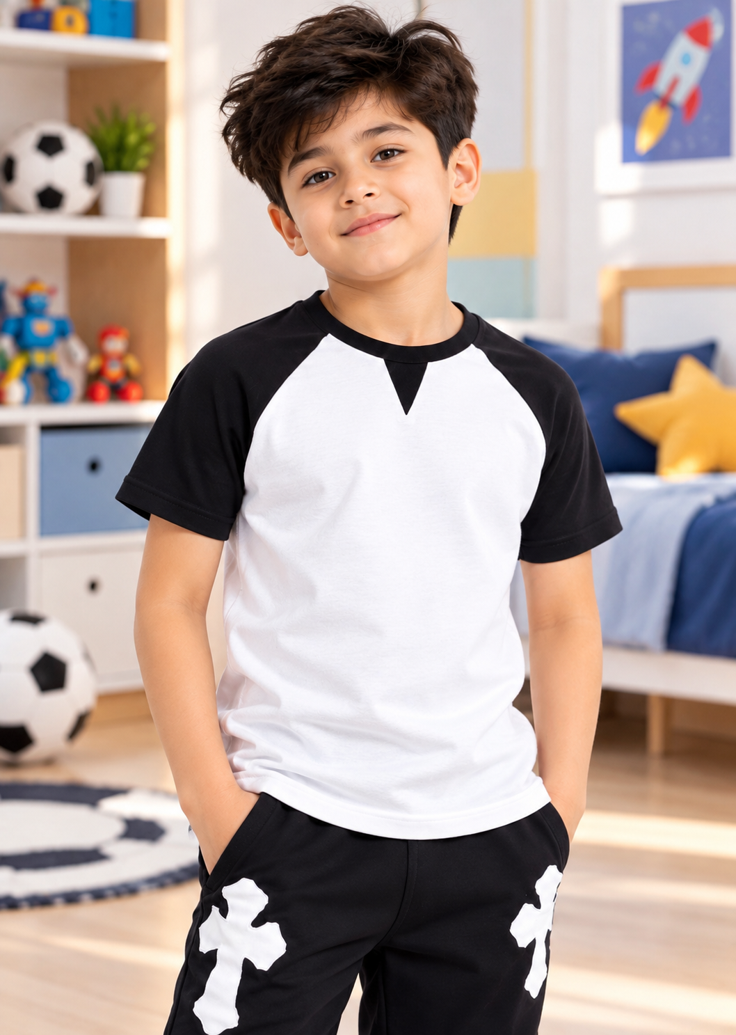VERPA REGULAR FIT T-SHIRT FOR BOYS GIRLS GREY MELANGE worn by smiling boy in kids bedroom setting