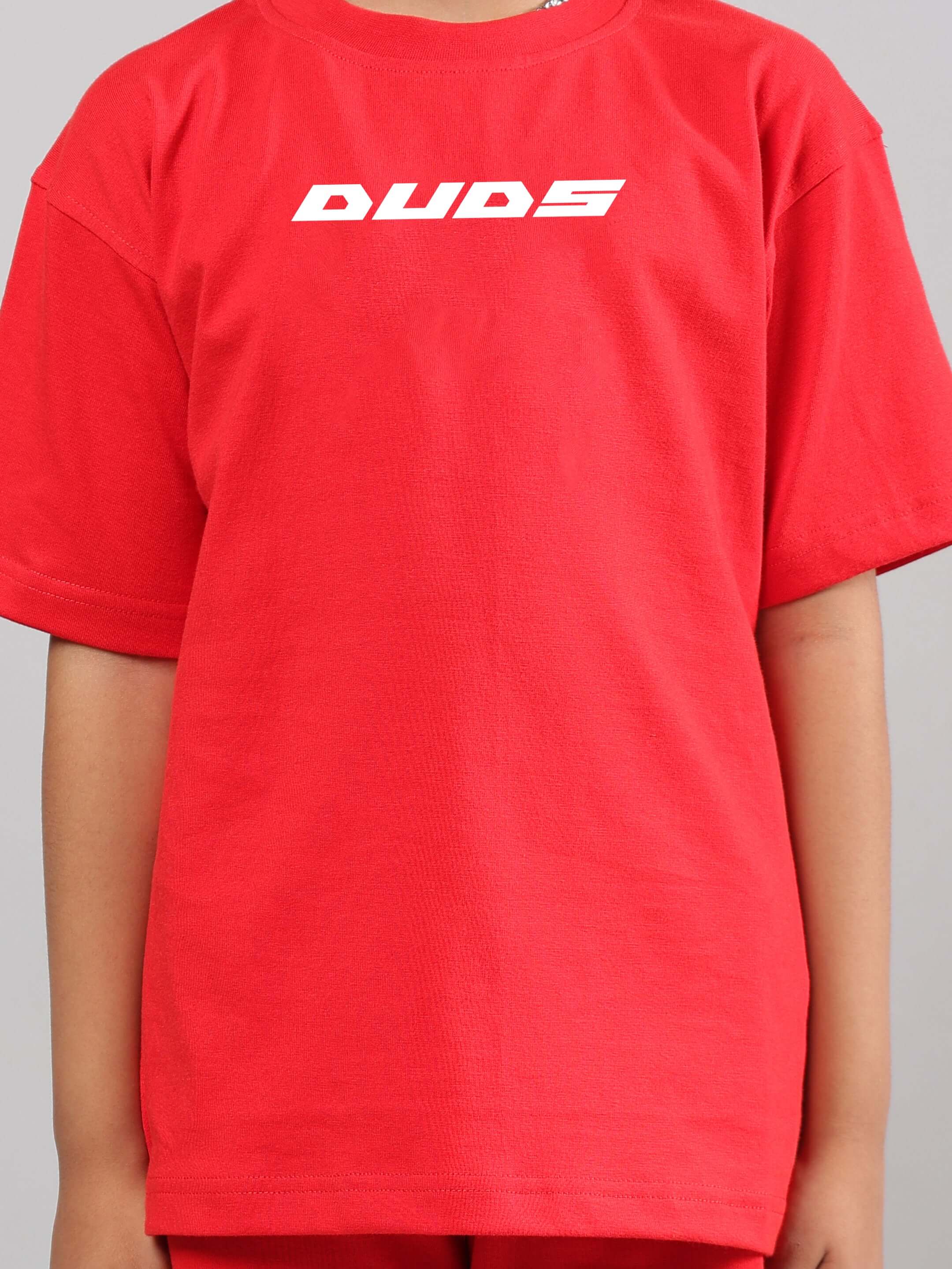 VICTORY red t-shirt for boys and girls by DUDS, front view showing logo, customizable fit available.