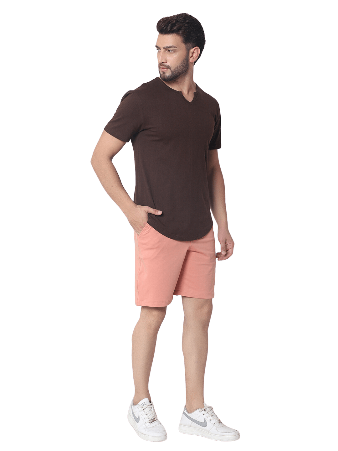 Man wearing a VIKING regular fit brown t-shirt made from premium cotton, showcasing casual fashion. Made in India.
