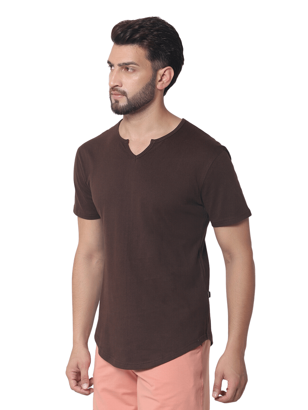 Model wearing VIKING Regular Fit Brown T-Shirt, 100% cotton, premium heavy gauge fabric, made in India, stylish casual wear.