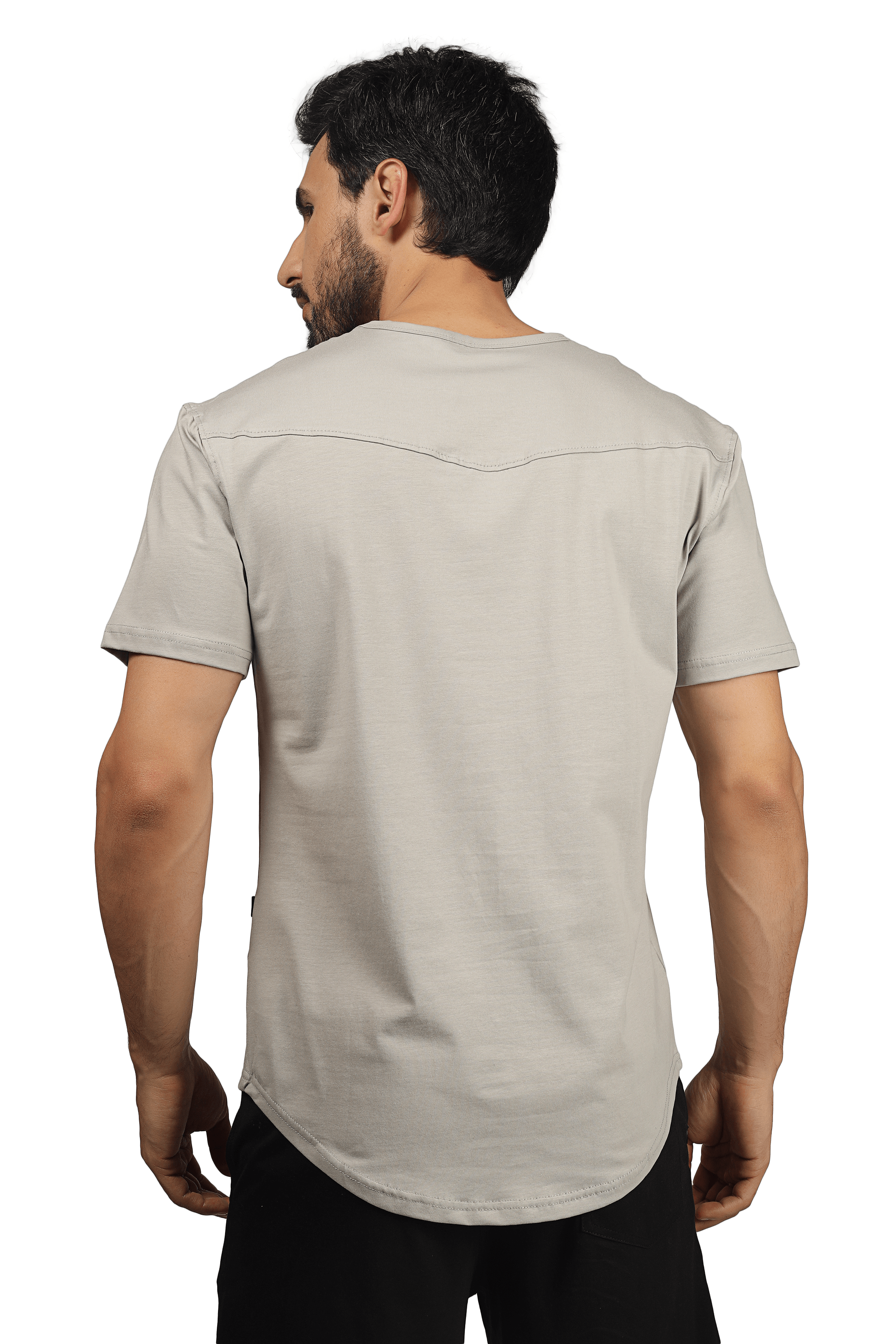 Back view of man wearing grey Viking regular fit t-shirt made from 100% cotton, heavy gauge fabric, perfect for casual wear.