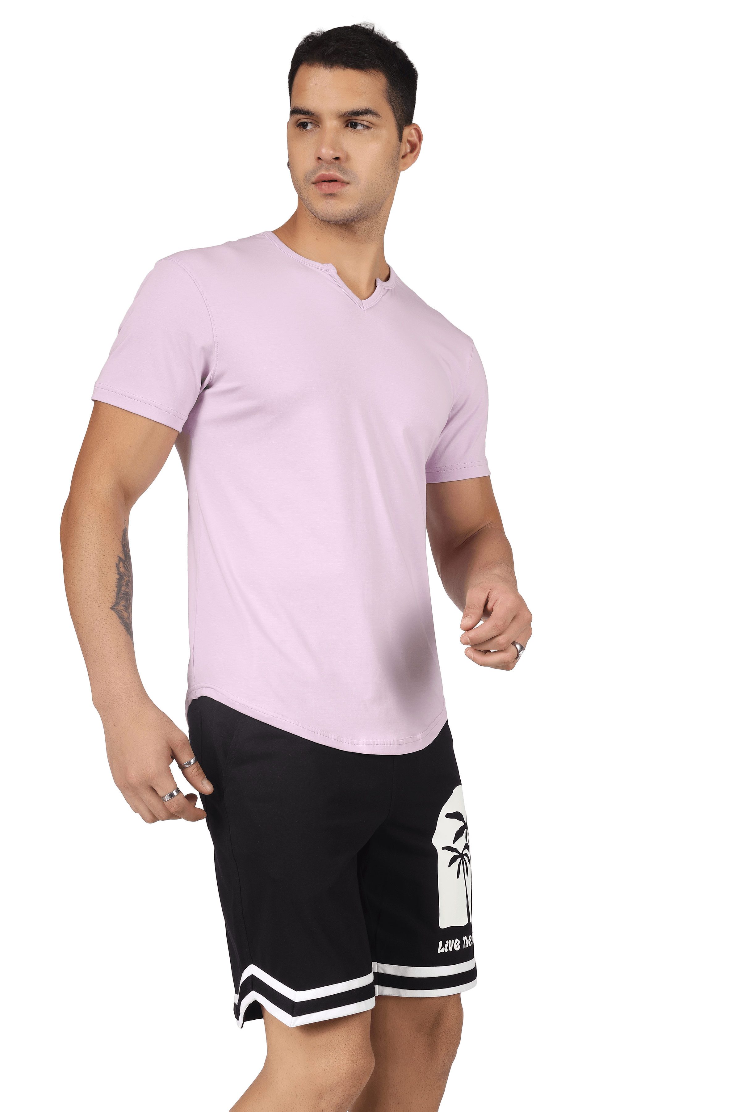 Model wearing VIKING regular fit lilac t-shirt, 100% cotton, premium heavy gauge fabric, styled with casual shorts, by Color By Colours.