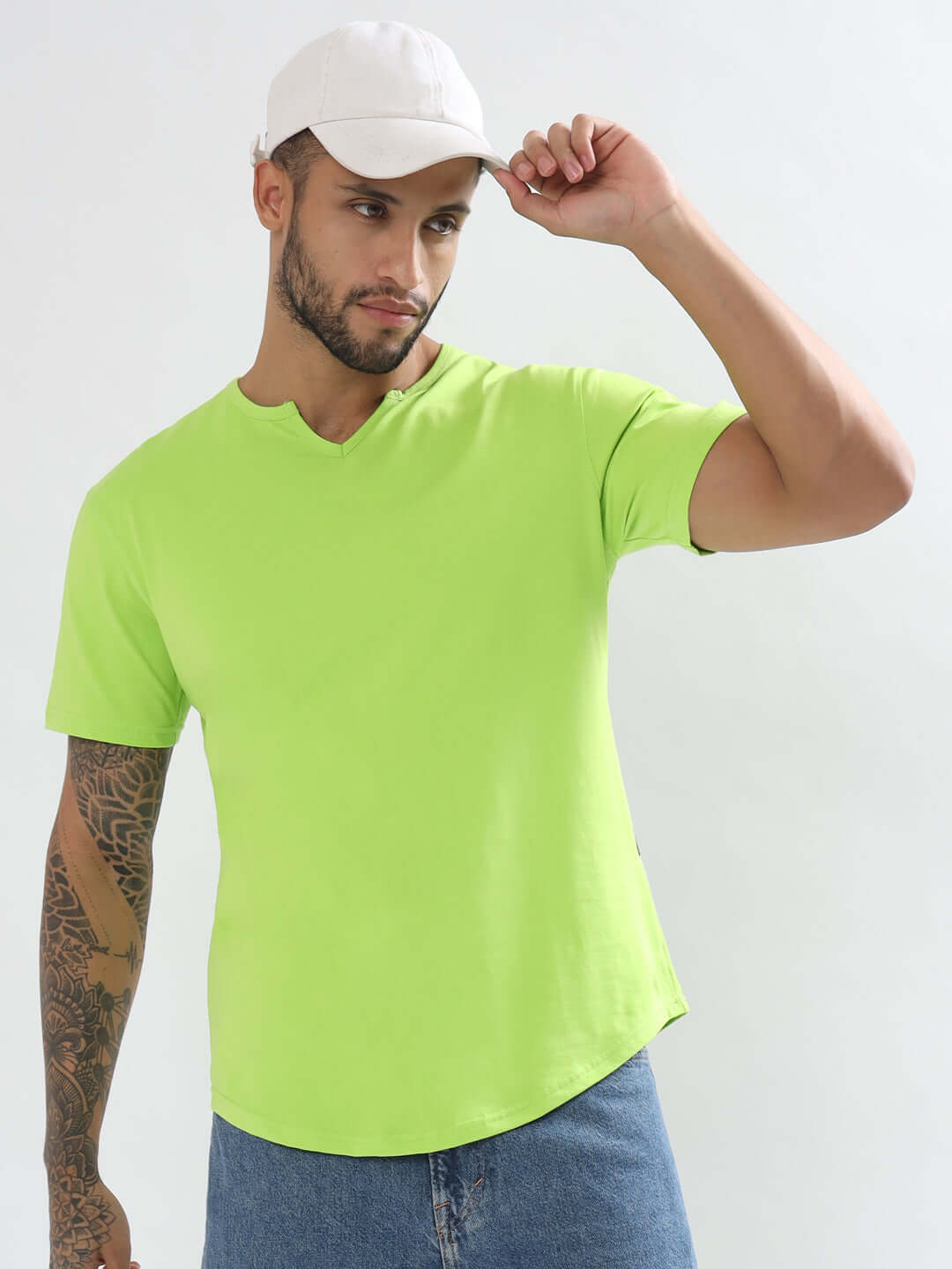 Man wearing VIKING Regular Fit Neon Green T-Shirt, premium 100% cotton fabric, showcasing casual style. Country of Origin: India.