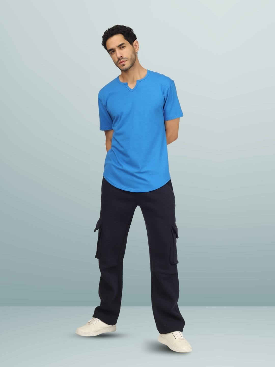 Model wearing Viking Regular Fit T-Shirt in Royal Blue, made of 100% cotton premium fabric, stylish casual wear for men.