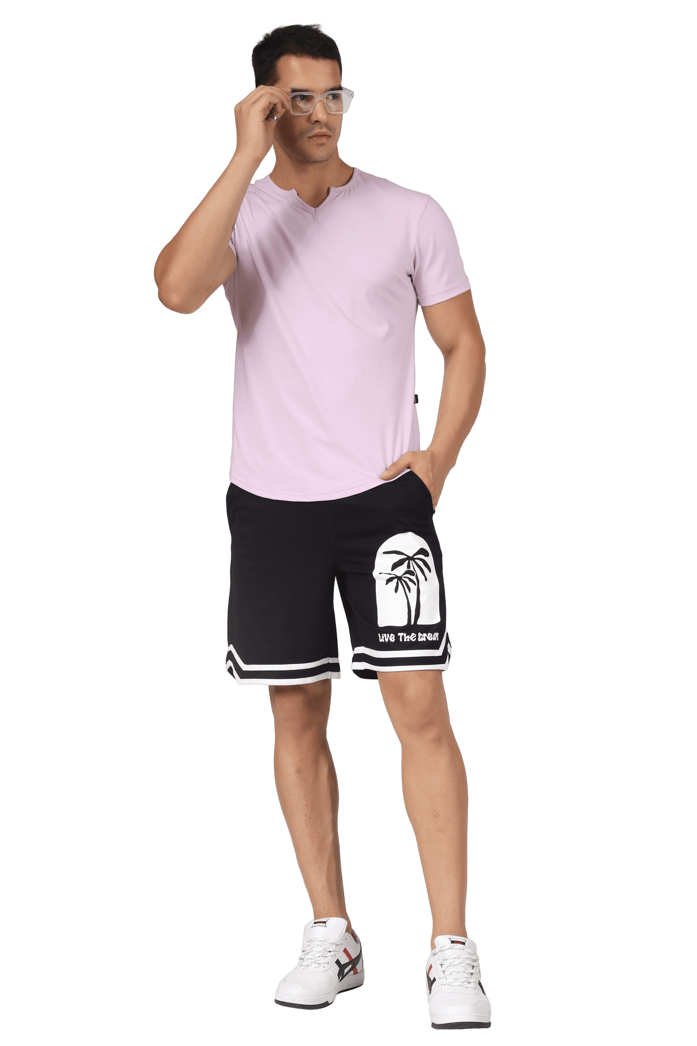 Model wearing VIKING REGULAR FIT T-SHIRT LILAC with casual shorts and sneakers, showcasing modern style and comfort.