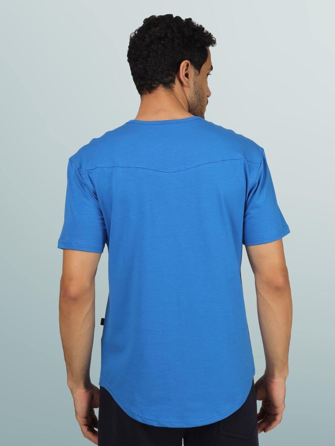 Back view of a man wearing a royal blue VIKING regular fit T-shirt made from 100% cotton, showcasing premium heavy gauge fabric.
