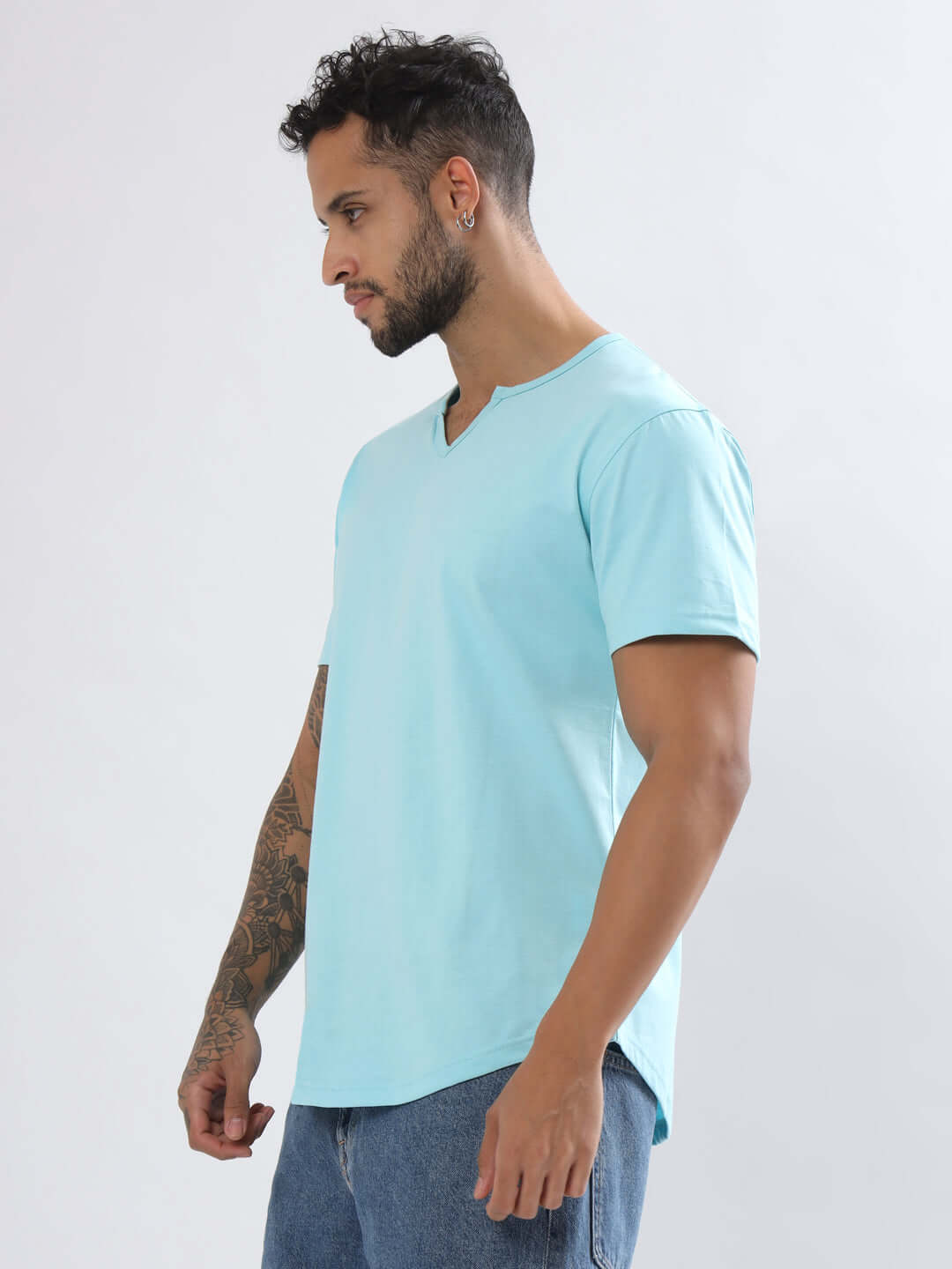 Model wearing Viking regular fit sky blue t-shirt made from premium 100% cotton fabric, perfect for casual wear.