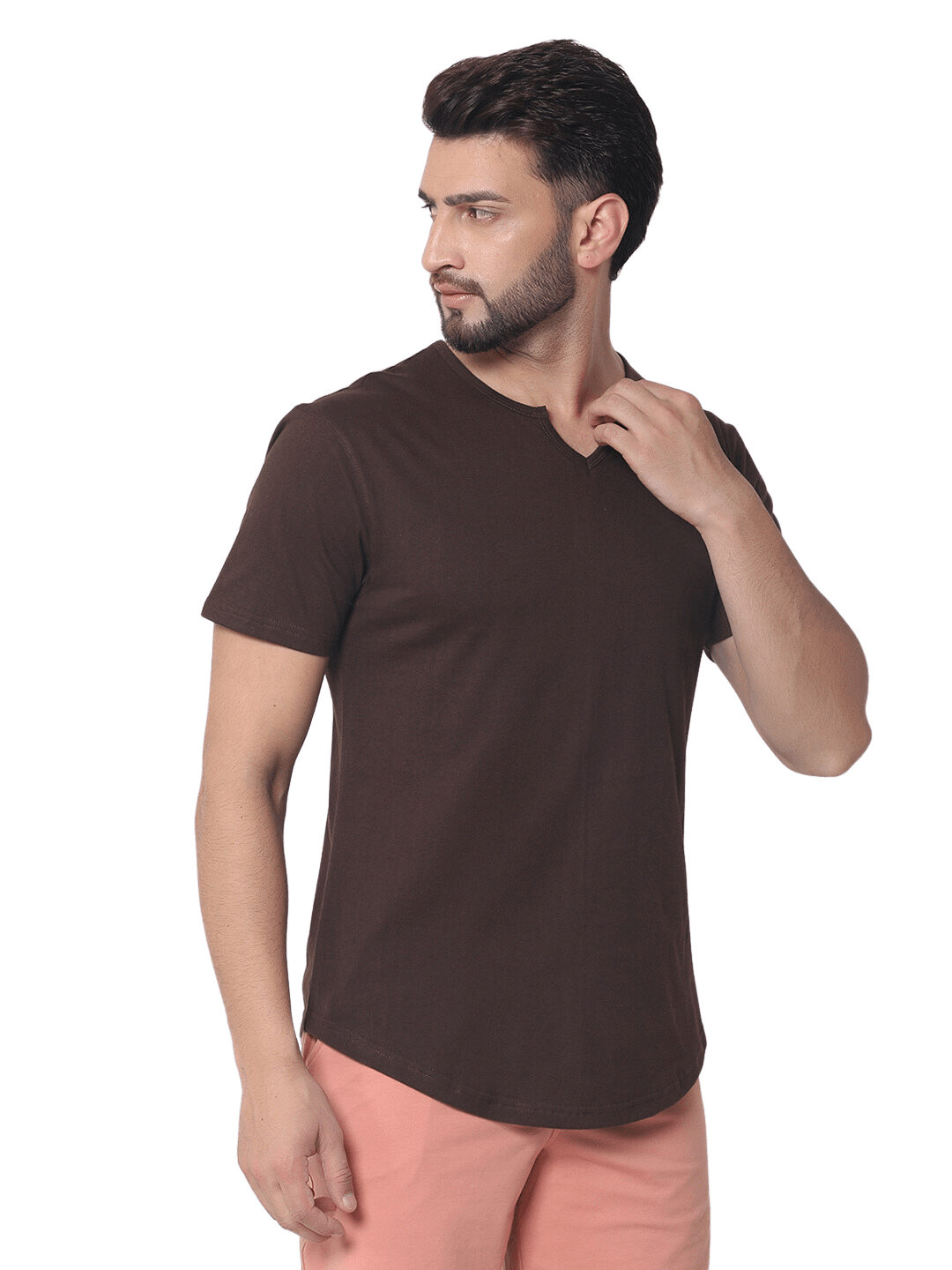 Man wearing Viking regular fit brown t-shirt made of 100% cotton, showcasing casual style. Ideal for premium everyday wear.