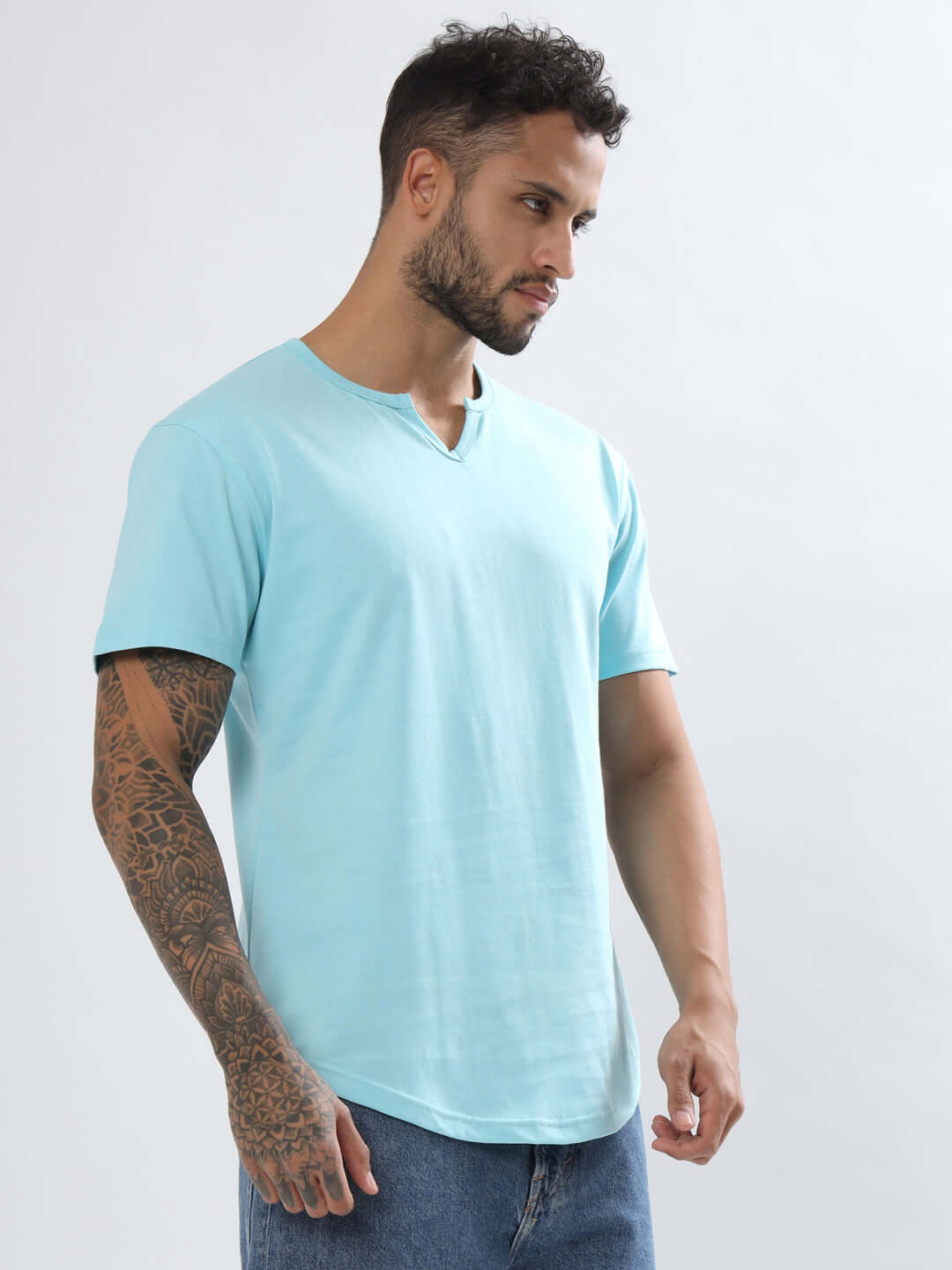 Model wearing Viking Regular Fit T-Shirt in Sky Blue, crafted from 100% cotton with 190 GSM bio-washed fabric, perfect for casual wear.