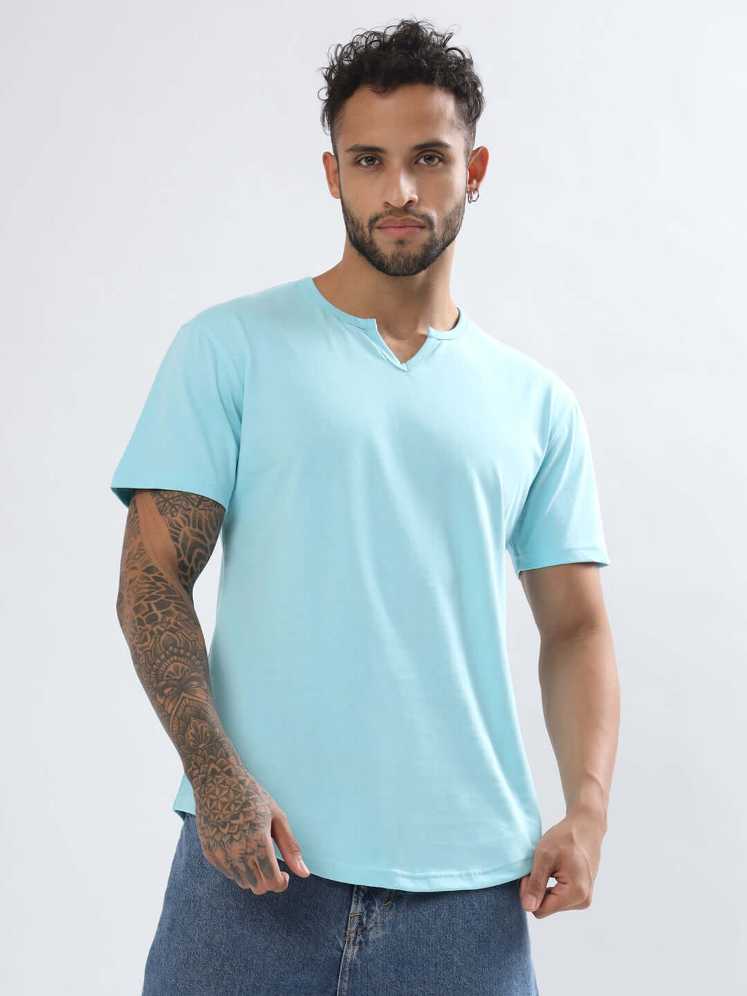 Man wearing Viking Regular Fit T-Shirt in Sky Blue, crafted from premium 100% cotton, ideal for casual wear and style.