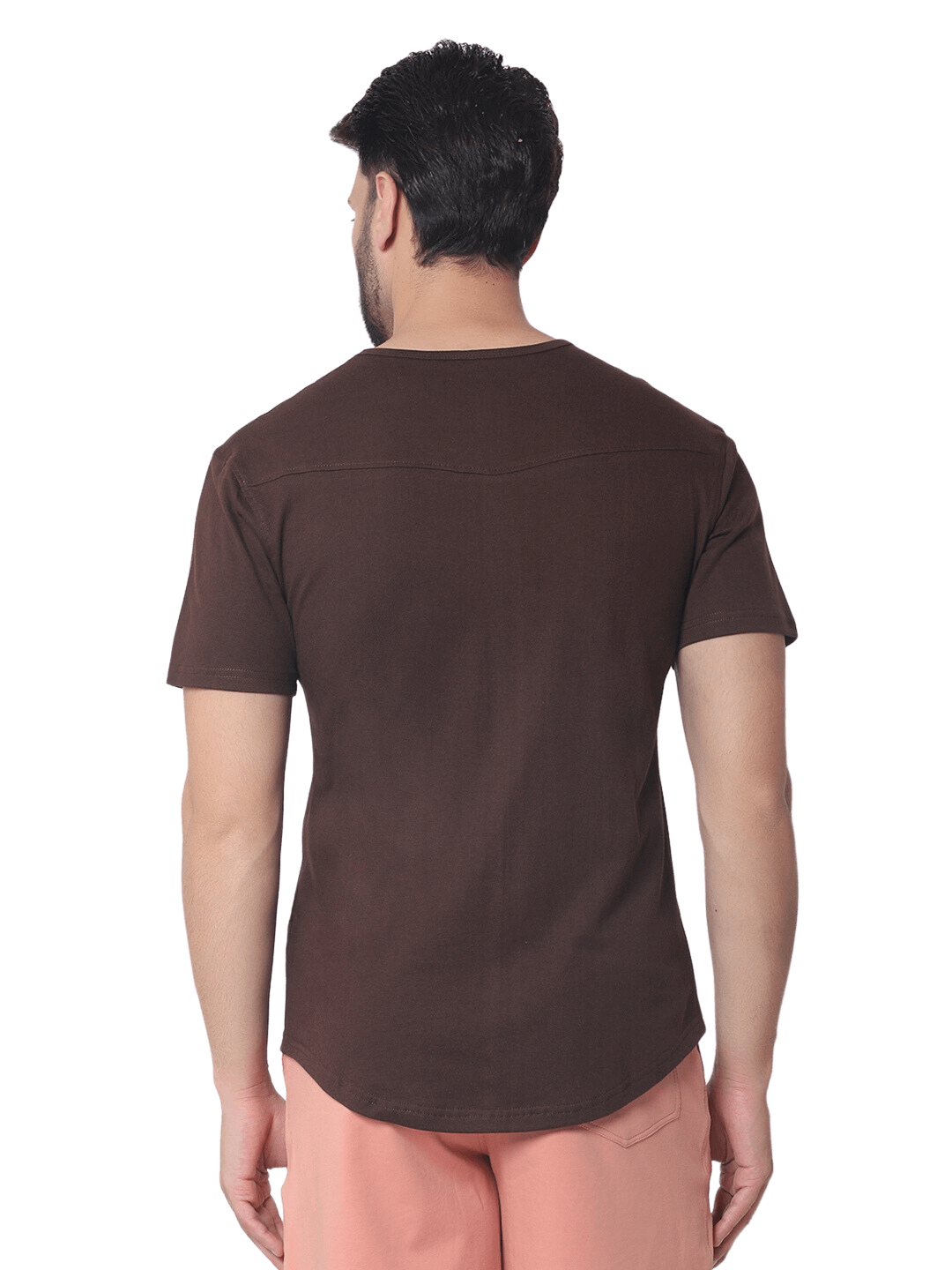 Back view of man wearing VIKING regular fit brown T-shirt made of 100% cotton, showcasing premium fabric quality.