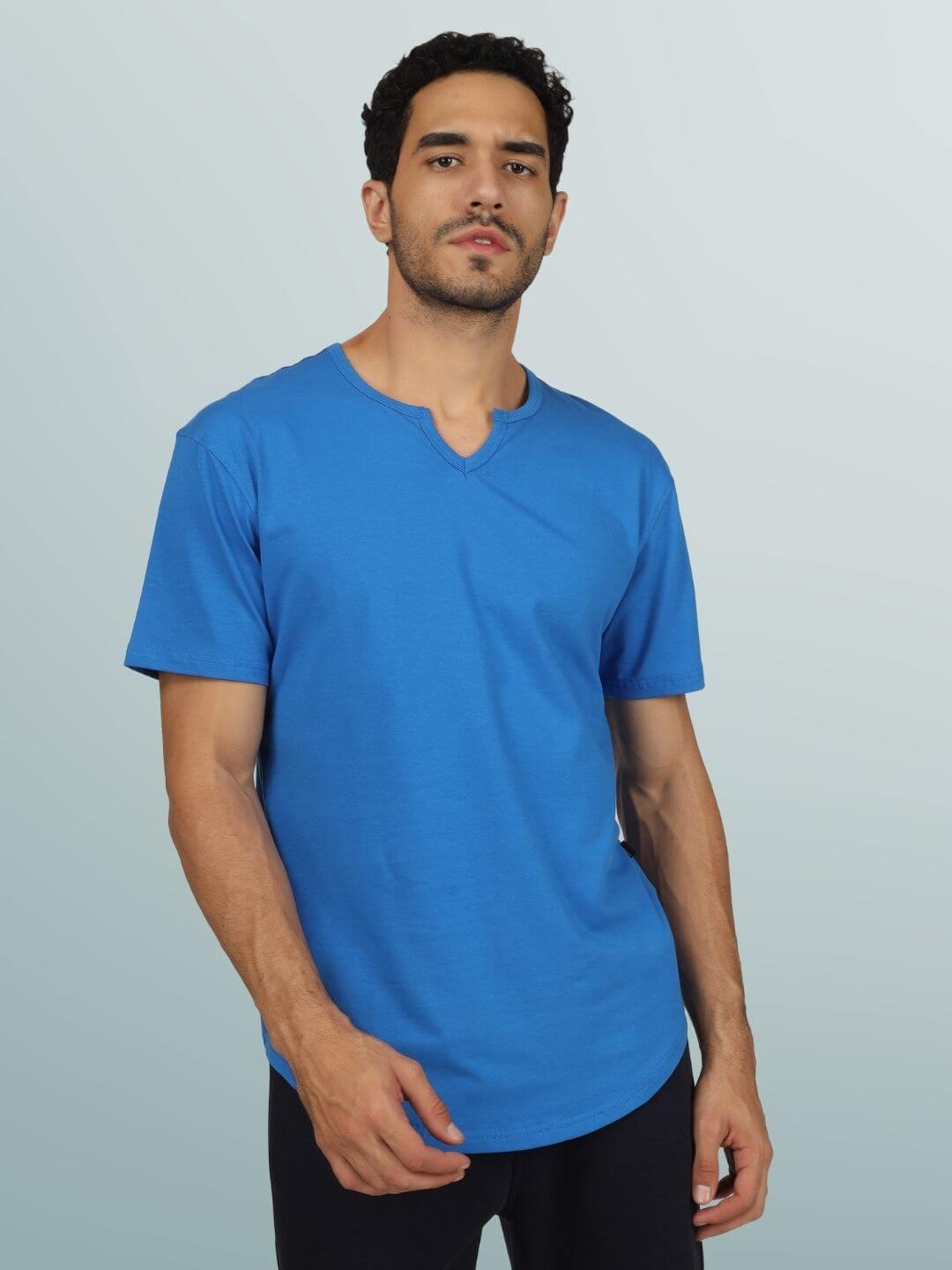 Model wearing Viking regular fit T-shirt in royal blue, made from premium 100% cotton, 190 GSM, bio-washed fabric, cold wash recommended.