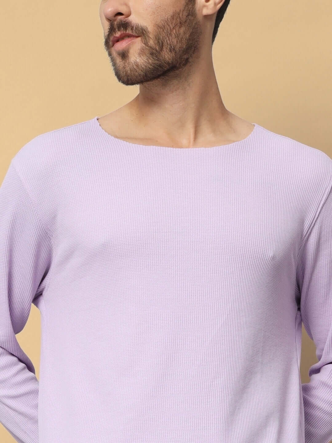 Model wearing Vogue oversized co-ord set in lilac with relaxed fit and elasticated waistband for comfort.