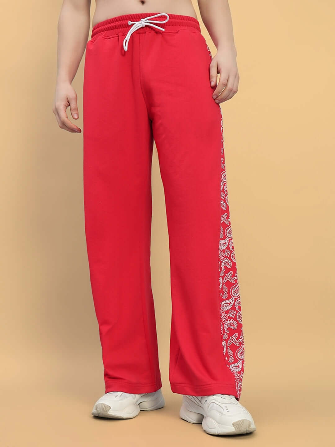WALTZ Relaxed Fit Joggers in red with paisley side design, elastic drawstring waist, customizable size options. Made by DUDS.