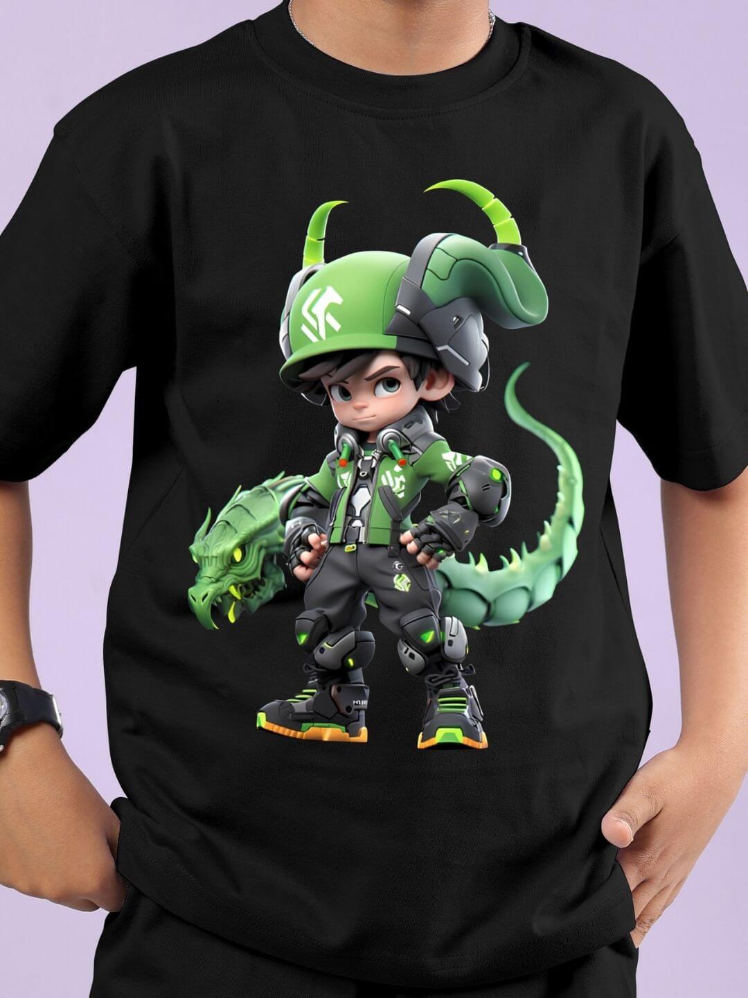 Child wearing Warrior With Dragon Co-ord for Boys and Girls Black featuring a dragon design on a black t-shirt.