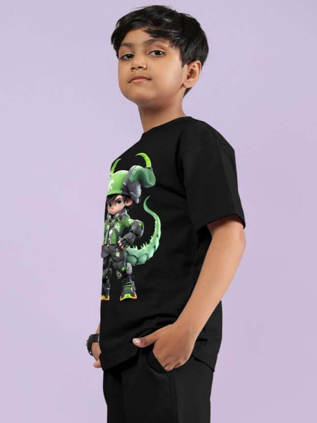 Boy wearing Warrior With Dragon T-Shirt for Boys and Girls Black with warrior and dragon graphic.