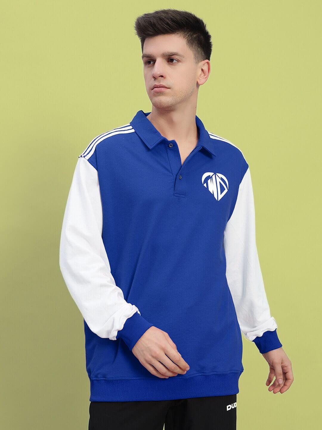 Model wearing WD Corvus Sweatshirt in blue-white with premium cotton French terry lycra, showcasing stylish design and comfort.