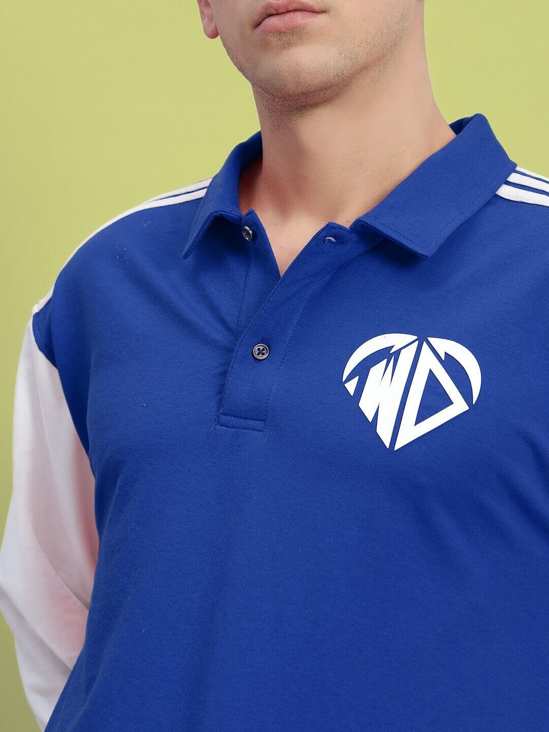 WD Corvus Sweatshirt in blue-white featuring premium heavy gauge fabric and logo design against a light green background.