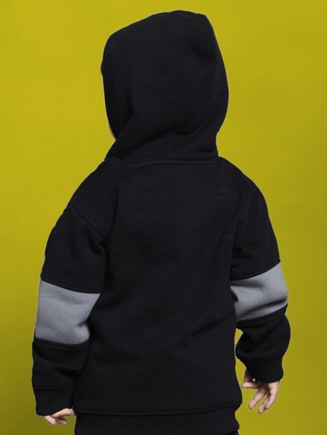 WD GORBCORE FLEECE HOODIE FOR BOYS GIRLS BLACK GREY shown from the back, featuring colorblock design and cozy fleece fabric.