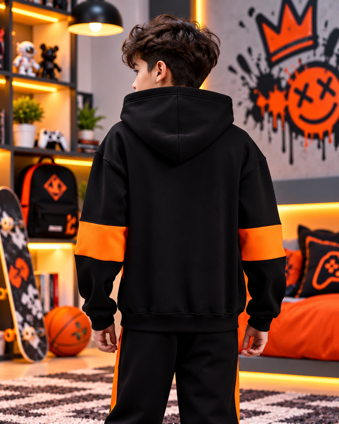 WD GORBCORE FLEECE HOODIE FOR BOYS AND GIRLS BLACK ORANGE worn by kid in stylish graffiti-themed room