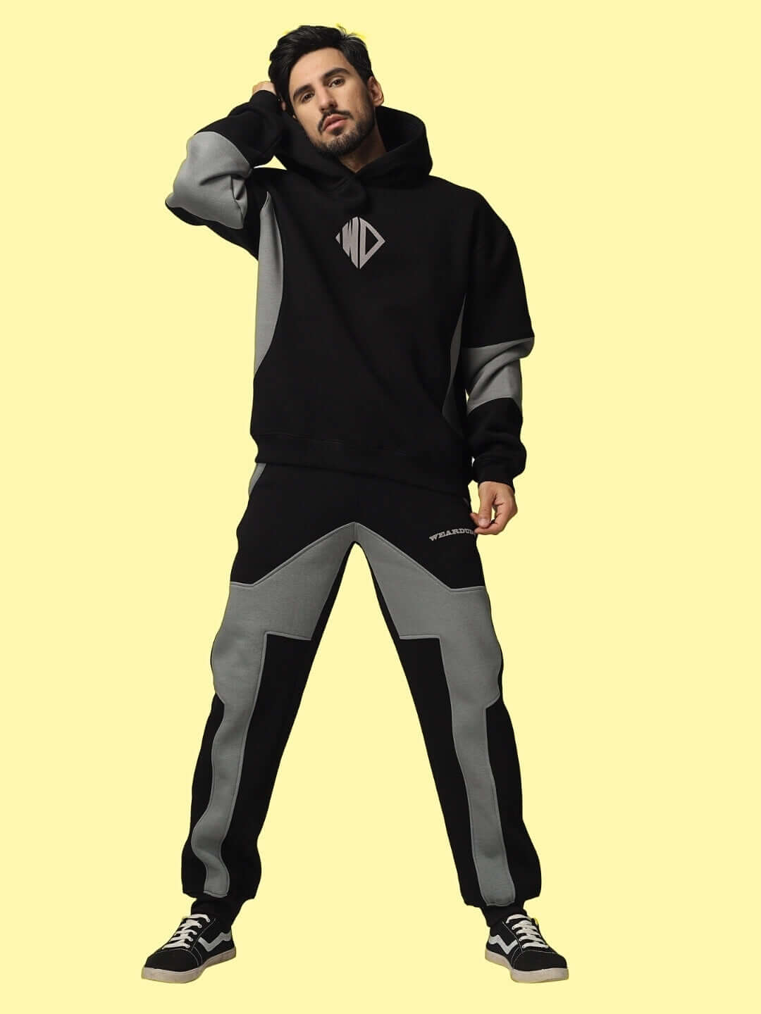 WD GORBCORE Colorblock Co-Ord Set in Black and Grey, featuring a bold streetwear design inspired by the Gorpcore aesthetic.