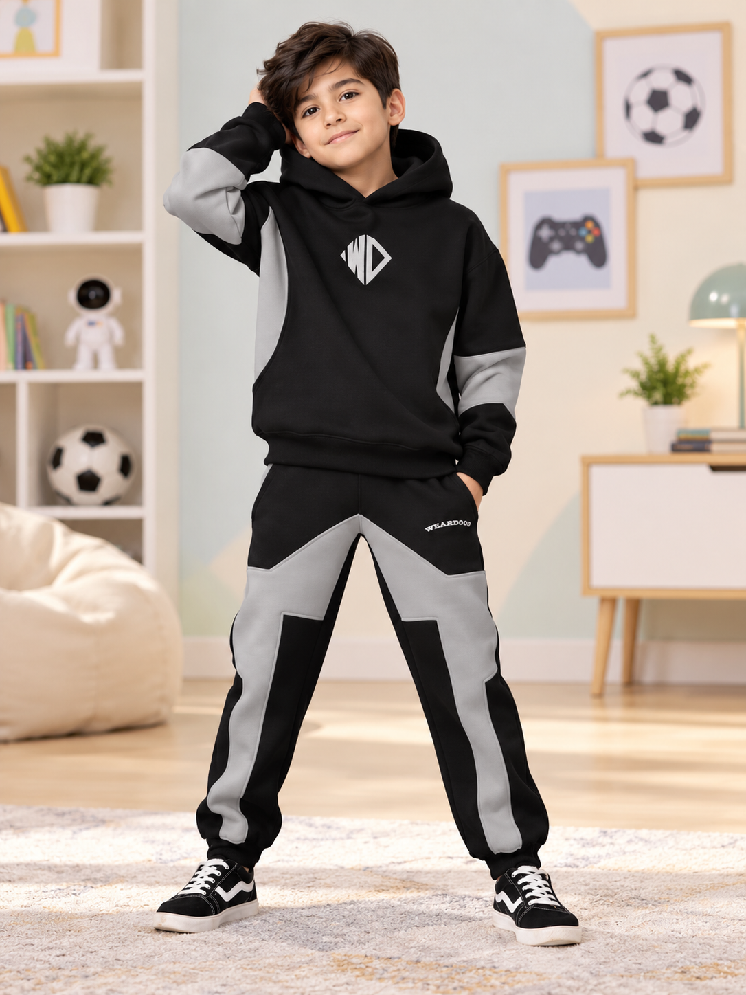 WD GORBCORE FLEECE CO-ORD FOR BOYS GIRLS BLACK GREY - Wearduds, view 1