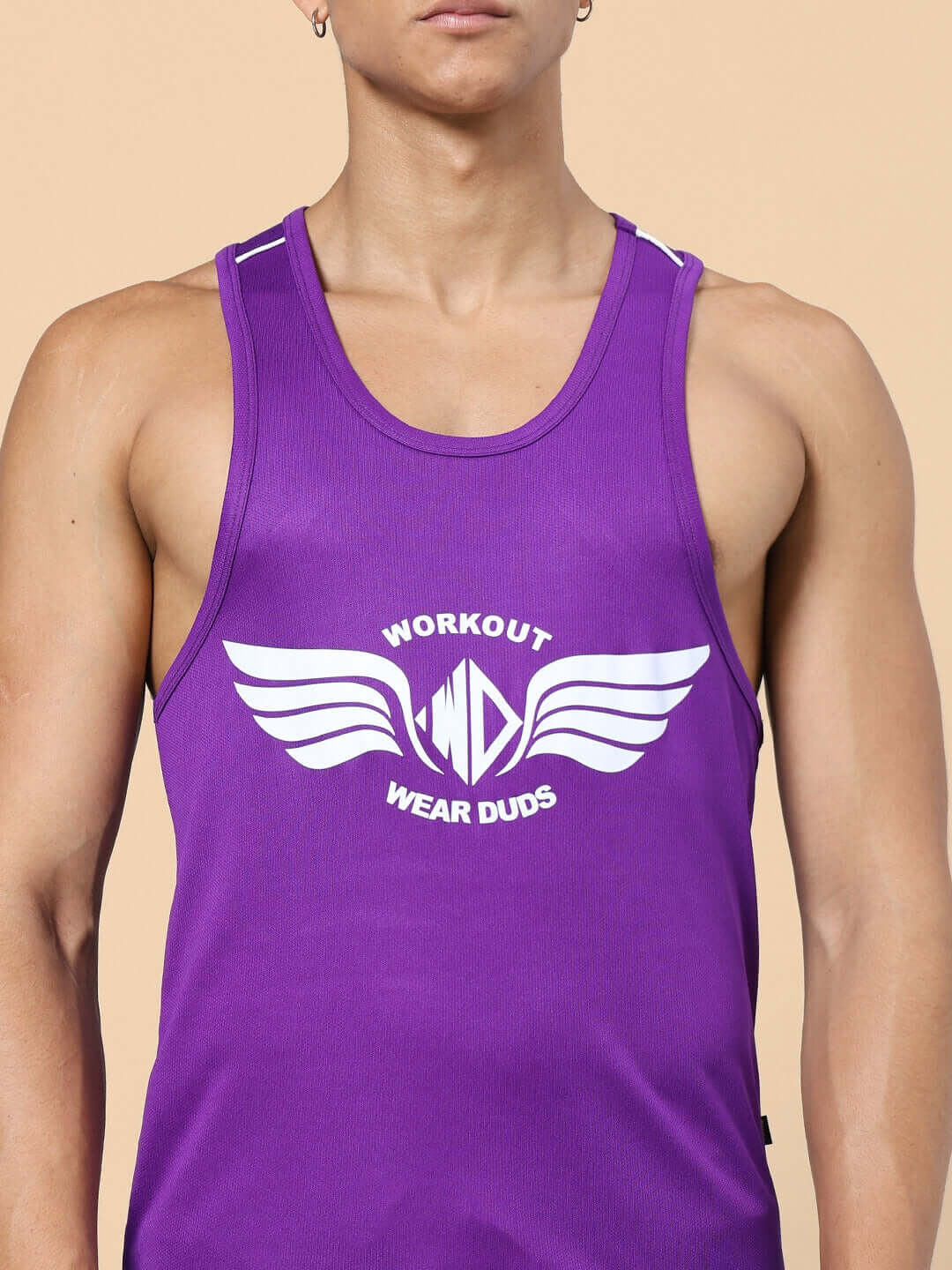 Man wearing WD Wings Gym Co-Ord Set Purple tank, featuring workout design with wings logo, perfect for fitness enthusiasts.