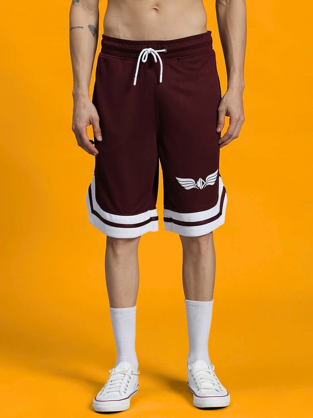 Men's WD WINGS GYM CO-ORD SET MAROON athletic shorts with wing logo, designed for comfort and performance.