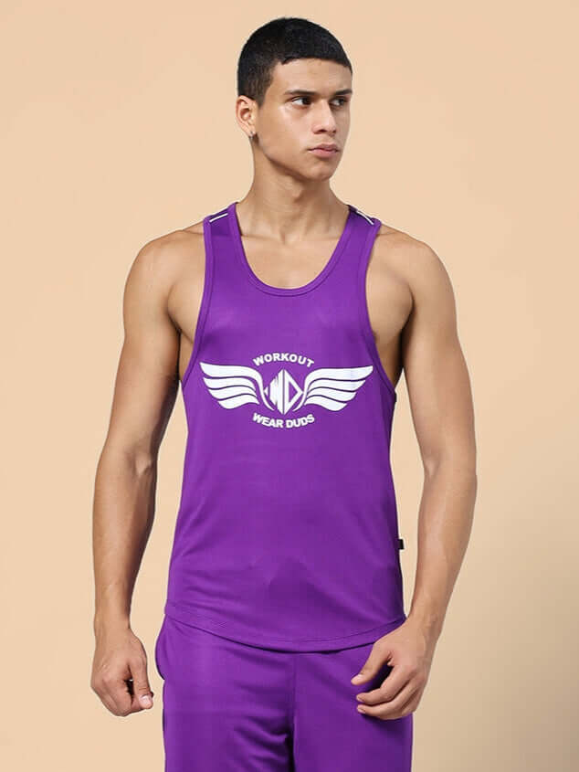 Man wearing WD WINGS GYM T-SHIRT MEN PURPLE, showcasing performance and style, made from moisture-wicking fabric for comfort.