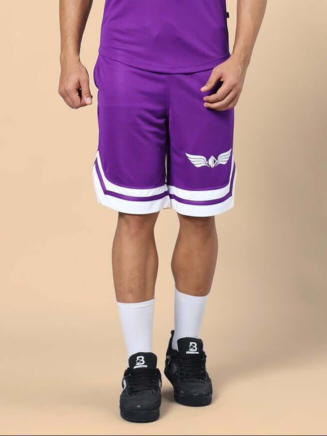 Man wearing WD WINGS REGULAR FIT SHORTS PURPLE, comfortable casual shorts with wing logo, showing style and fit.