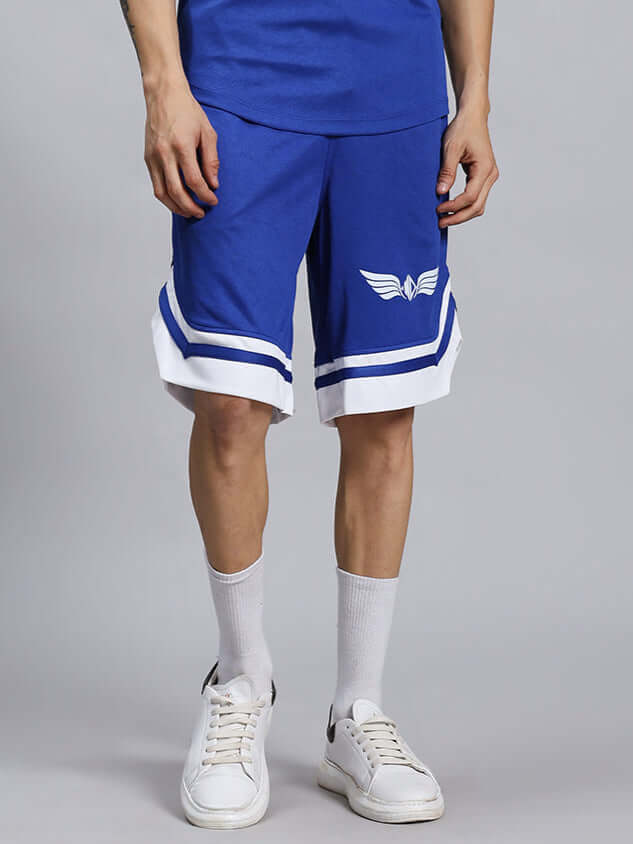 WD WINGS REGULAR FIT SHORTS ROYAL BLUE worn by a model showcasing style and comfort for activewear and casual occasions.
