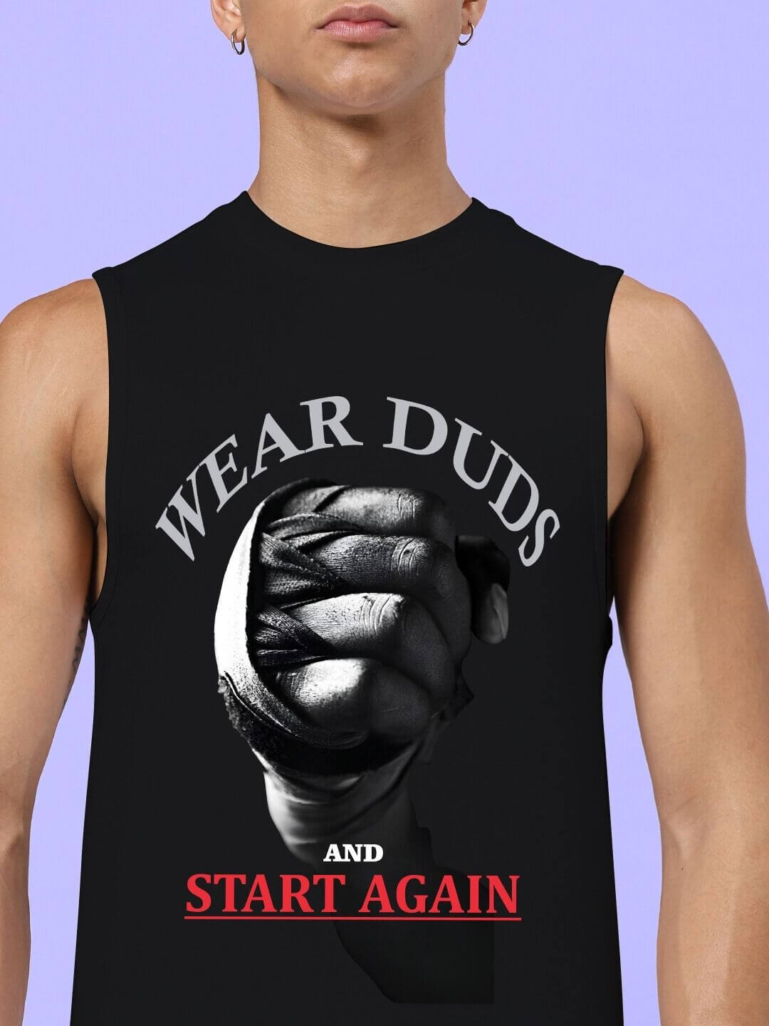 NEVER QUIT START AGAIN GYM CO-ORD SET BLACK ROYAL BLUE with motivational "Wear Duds and Start Again" graphic