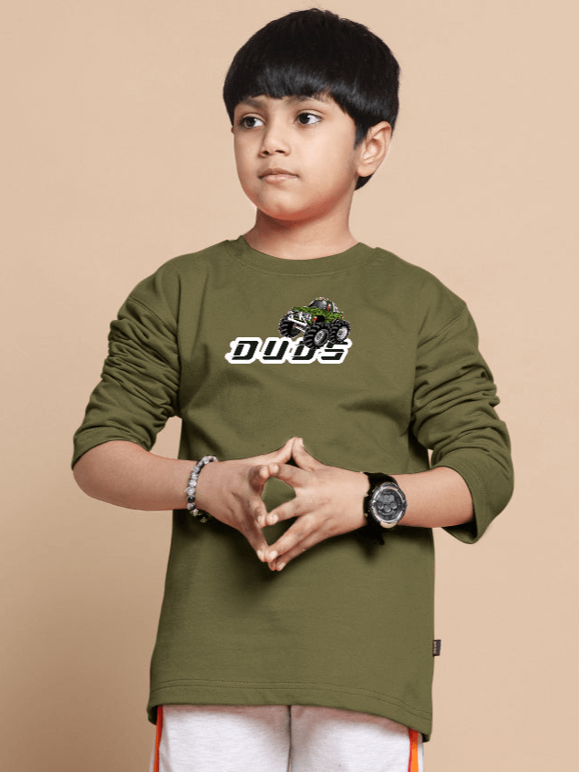 Olive green oversized sweatshirt for boys and girls featuring a western truck design, made from 100% cotton, worn by a model.