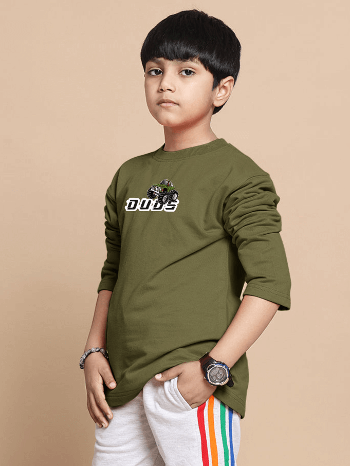 Boy wearing olive green western truck oversized sweatshirt with "dude" design, suitable for children, 100% cotton, premium fabric.