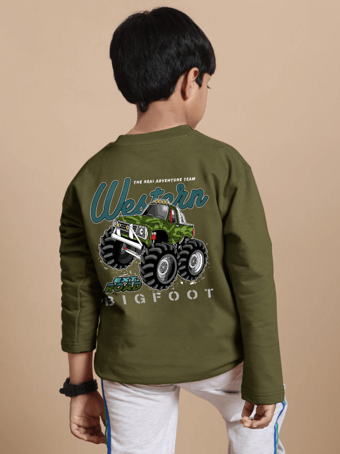 Child wearing Western truck oversized olive green sweatshirt with graphic design, showcasing premium cotton and comfortable fit.